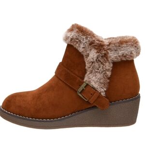 Cushionaire Rhoded Faux Fur Wedge Bootie- Chestnut